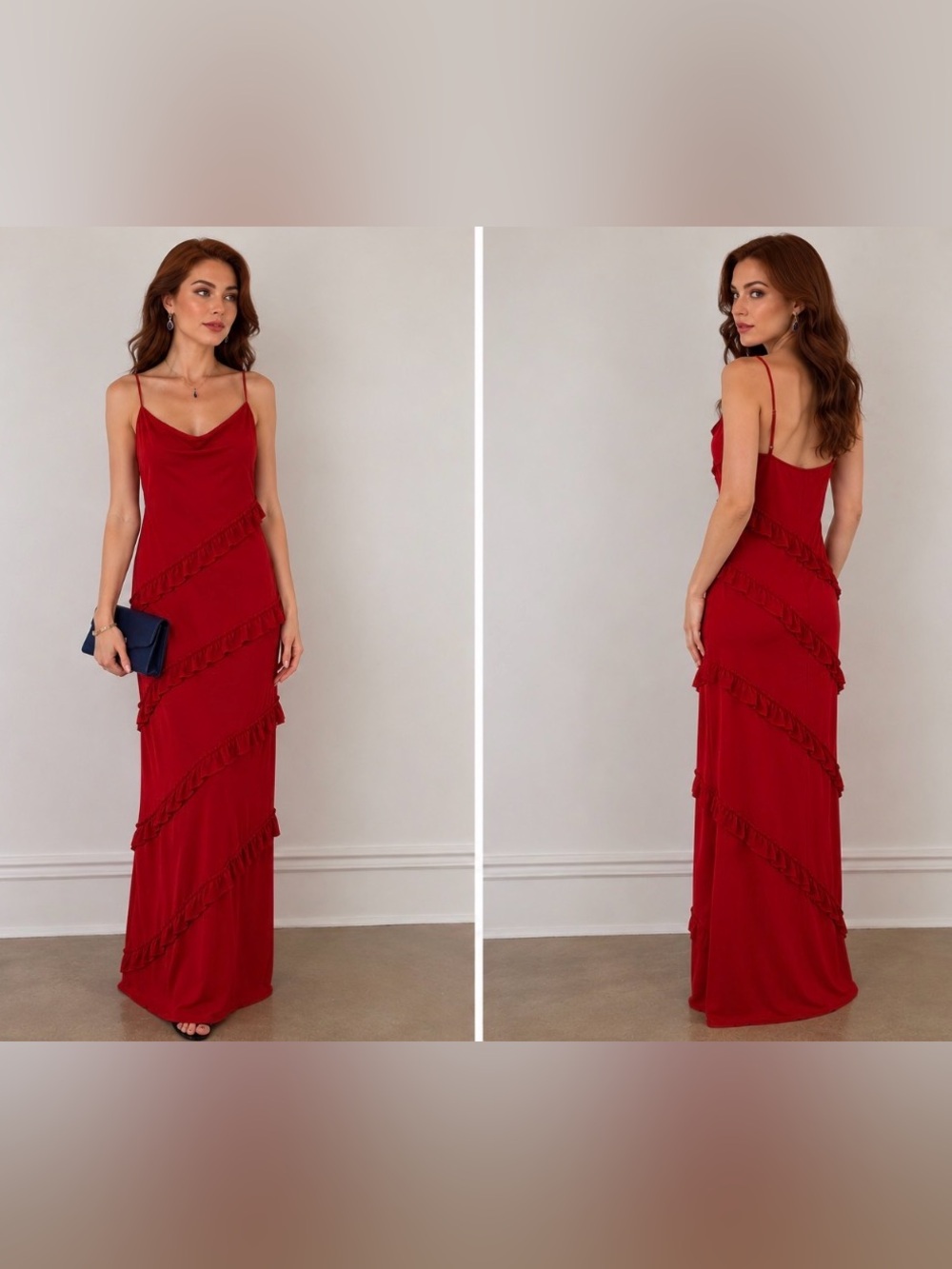 Red Ruffle Slip Dress - Women's Elegant Evening Dress